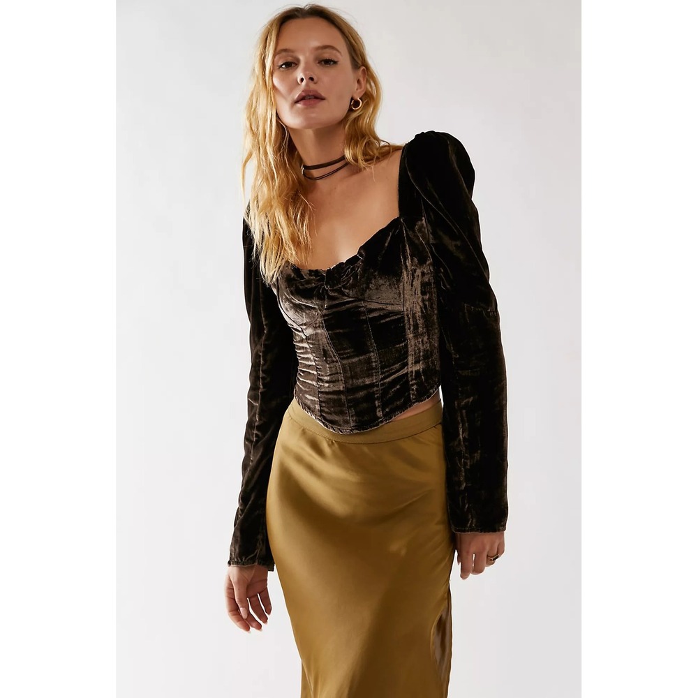Free People Velvet Corset Top Brown Long Sleeve Smocked Back Sweetheart‎ Neck M